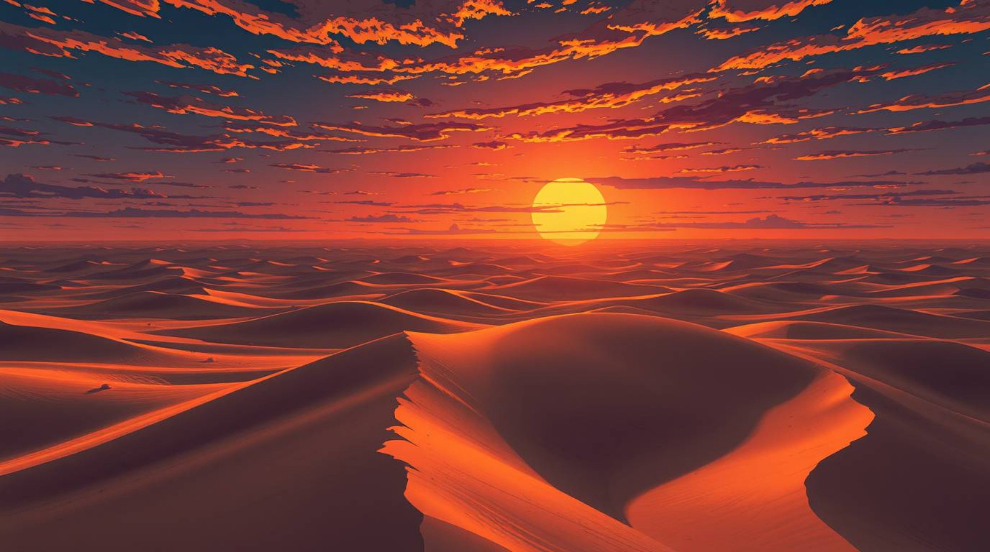 This captivating image features an isekai anime-style illustration from a high-angle perspective, showcasing a stunning deser