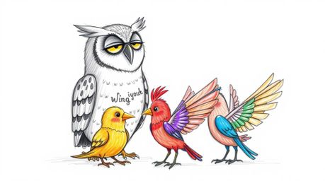 A heartwarming hand-drawn sketch depicts a blind owl with a gentle demeanor guiding colorful birds in flight. The birds are d
