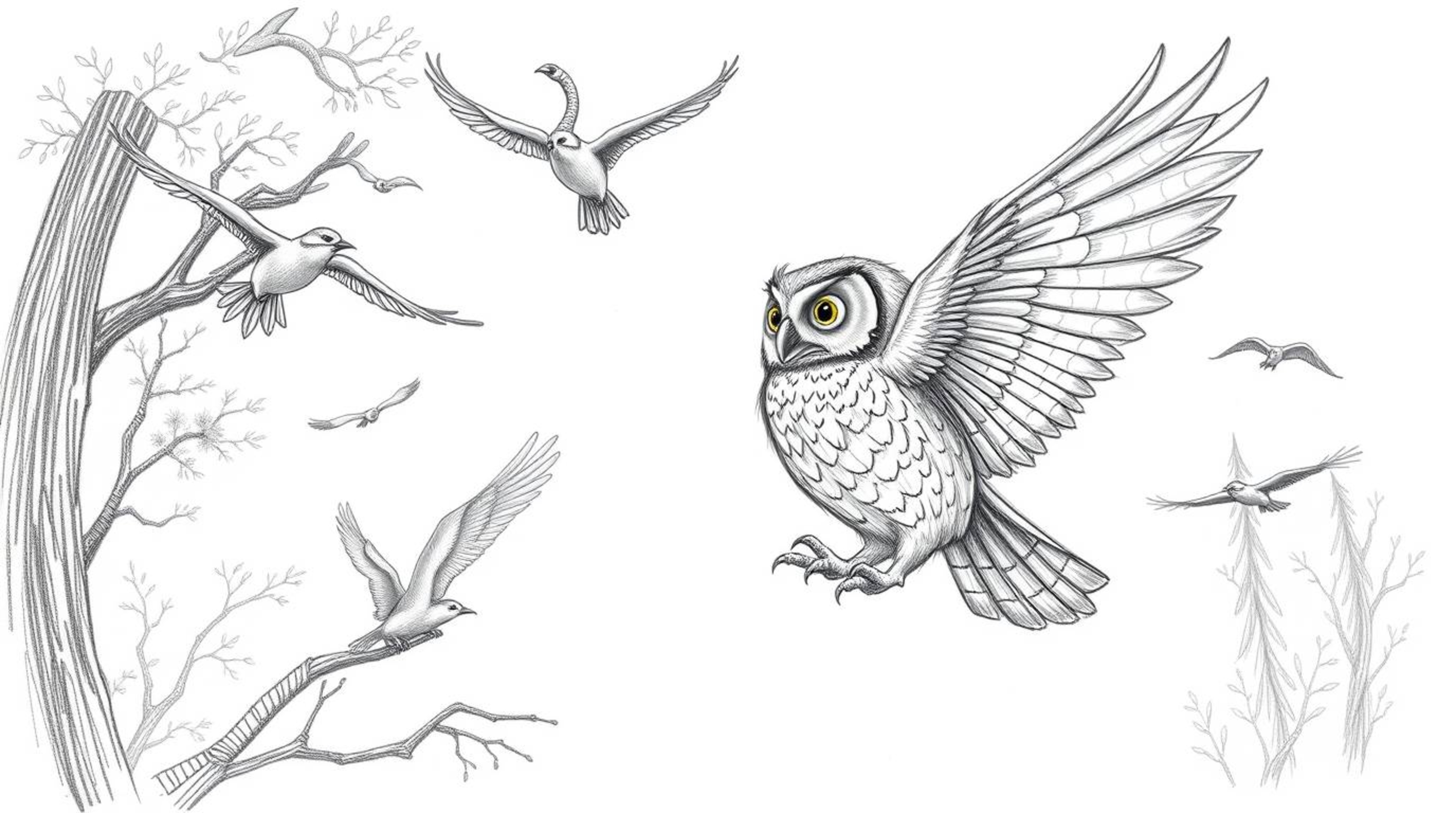A captivating hand-drawn sketch in a Pixar style depicts a blind owl, meticulously detailed with textured pencil strokes, ins