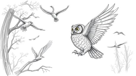 A captivating hand-drawn sketch in a Pixar style depicts a blind owl, meticulously detailed with textured pencil strokes, ins