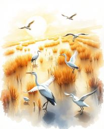 A delicate watercolor painting captures, from a high-angle perspective, herons flying during the golden hour in wetlands. Vie