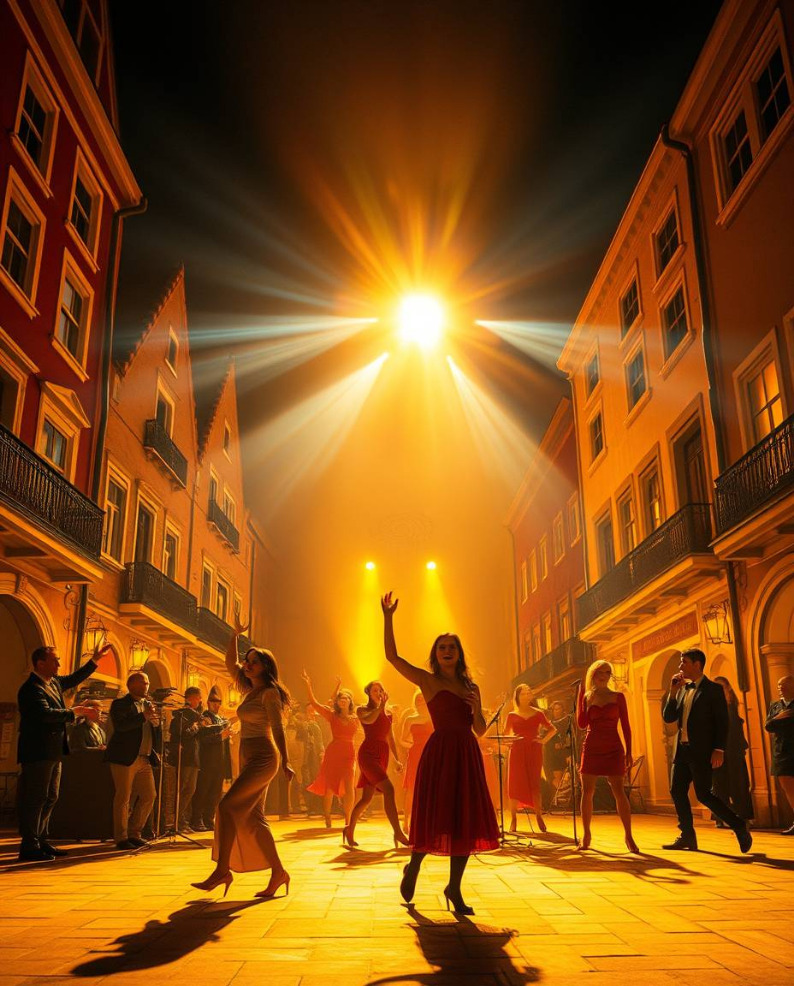 A captivating musical number unfolds in a brightly lit town square, bathed in a warm, golden glow. The high-contrast lighting