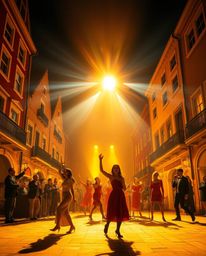 A captivating musical number unfolds in a brightly lit town square, bathed in a warm, golden glow. The high-contrast lighting