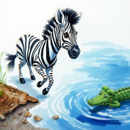 A delicate watercolor painting captures an extreme close-up macro view of a 3D cartoon zebra's daring escape from a lurking c