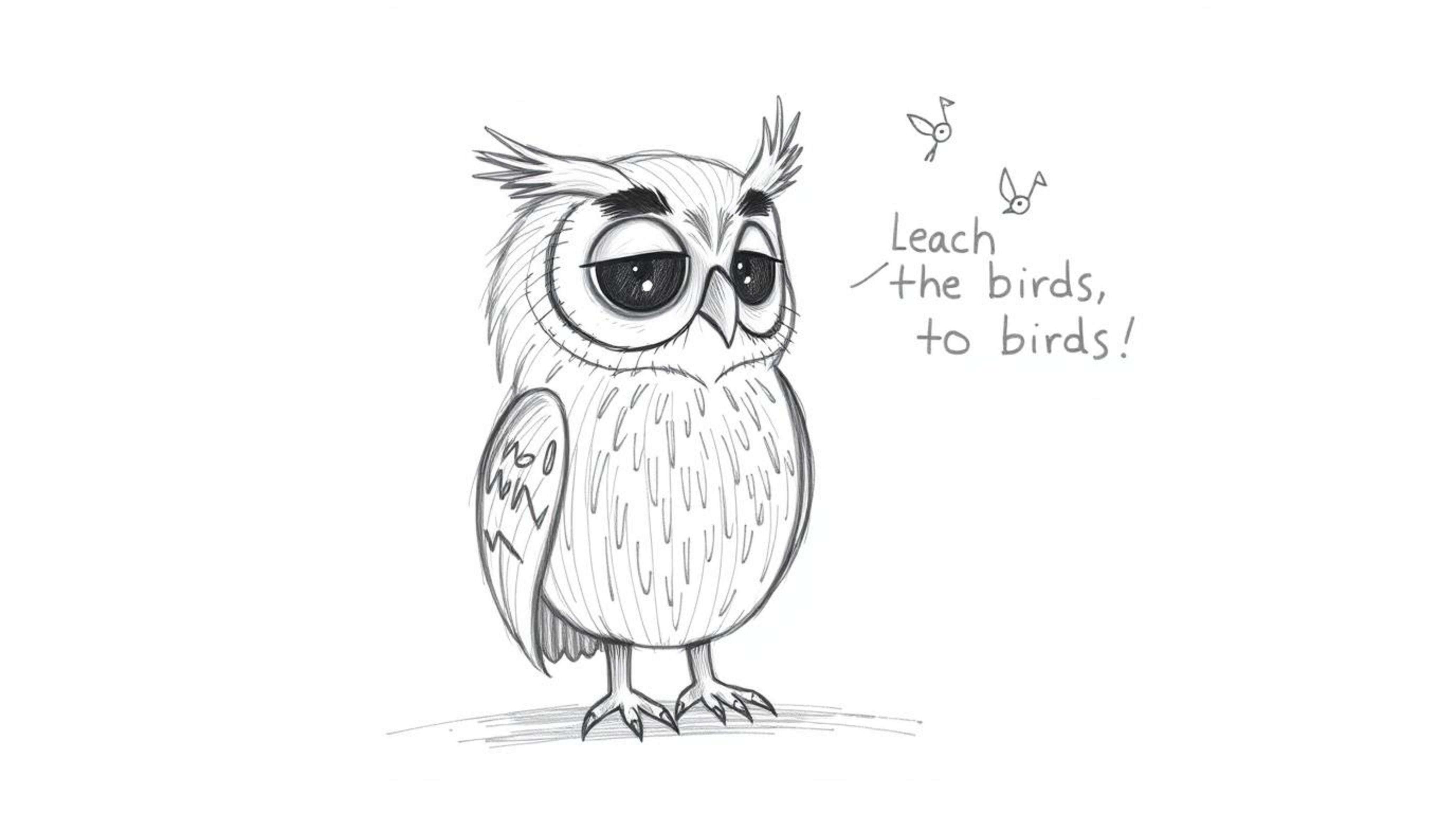 A heartwarming hand-drawn sketch in the style of Pixar depicts a blind owl, rendered with textured pencil strokes, guiding bi