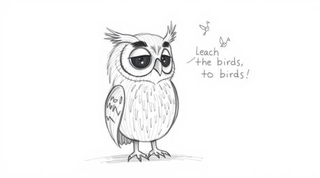 A heartwarming hand-drawn sketch in the style of Pixar depicts a blind owl, rendered with textured pencil strokes, guiding bi