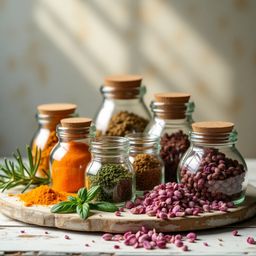 A captivating still life showcasing delicate glass jars filled with vibrant spices like turmeric, basil, and cinnamon.  Arran