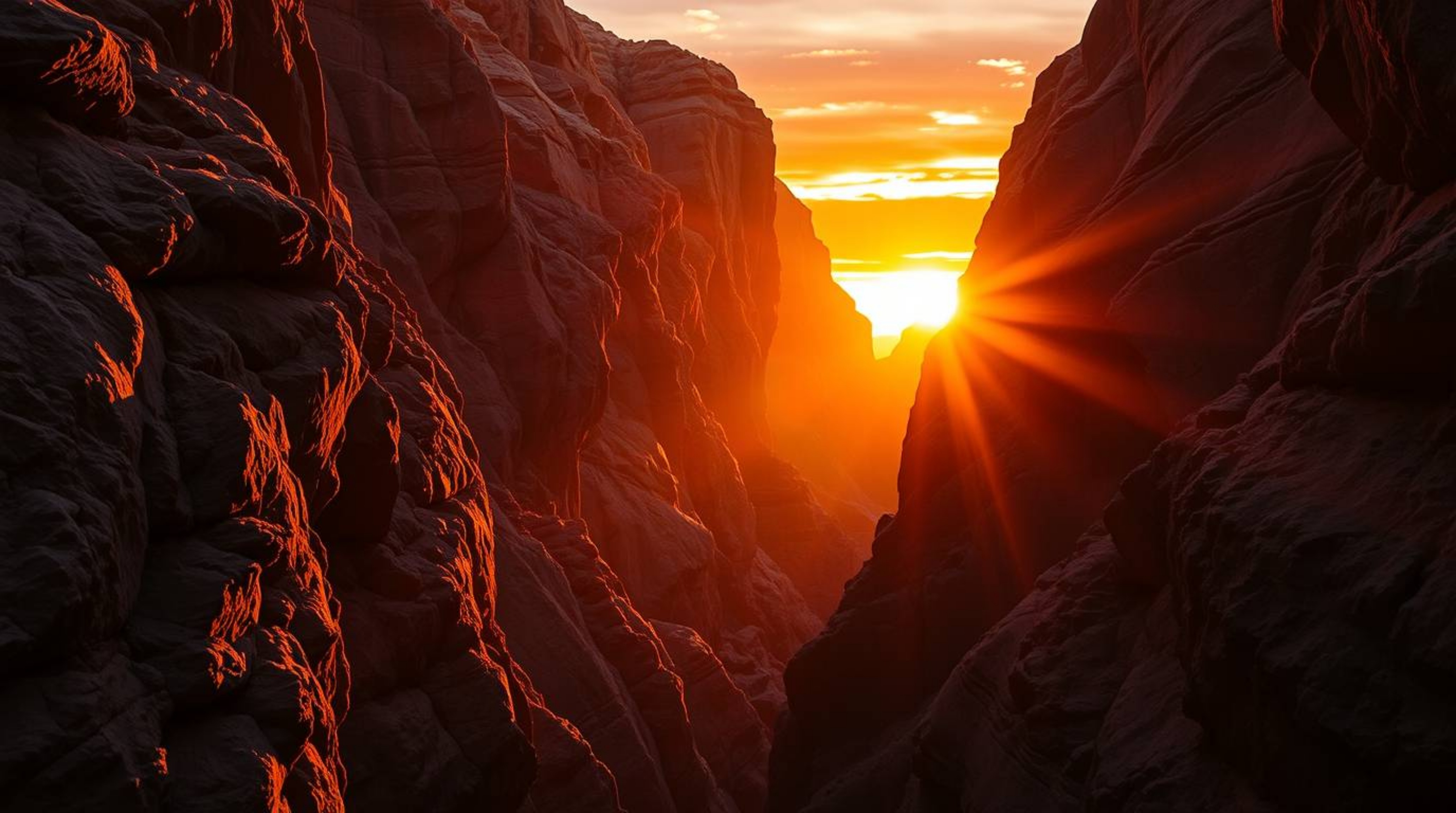 Immerse yourself in the breathtaking beauty of a rocky canyon illuminated by the warm, golden hues of the setting sun. Intens