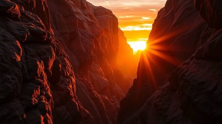 Immerse yourself in the breathtaking beauty of a rocky canyon illuminated by the warm, golden hues of the setting sun. Intens