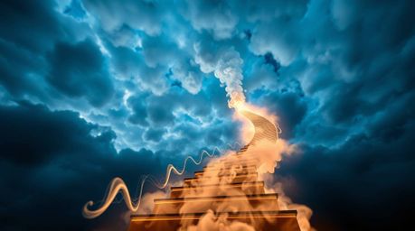 A mesmerizing image depicts a winding stairway crafted from ethereal smoke and light, ascending into a vast, cloudy sky. This