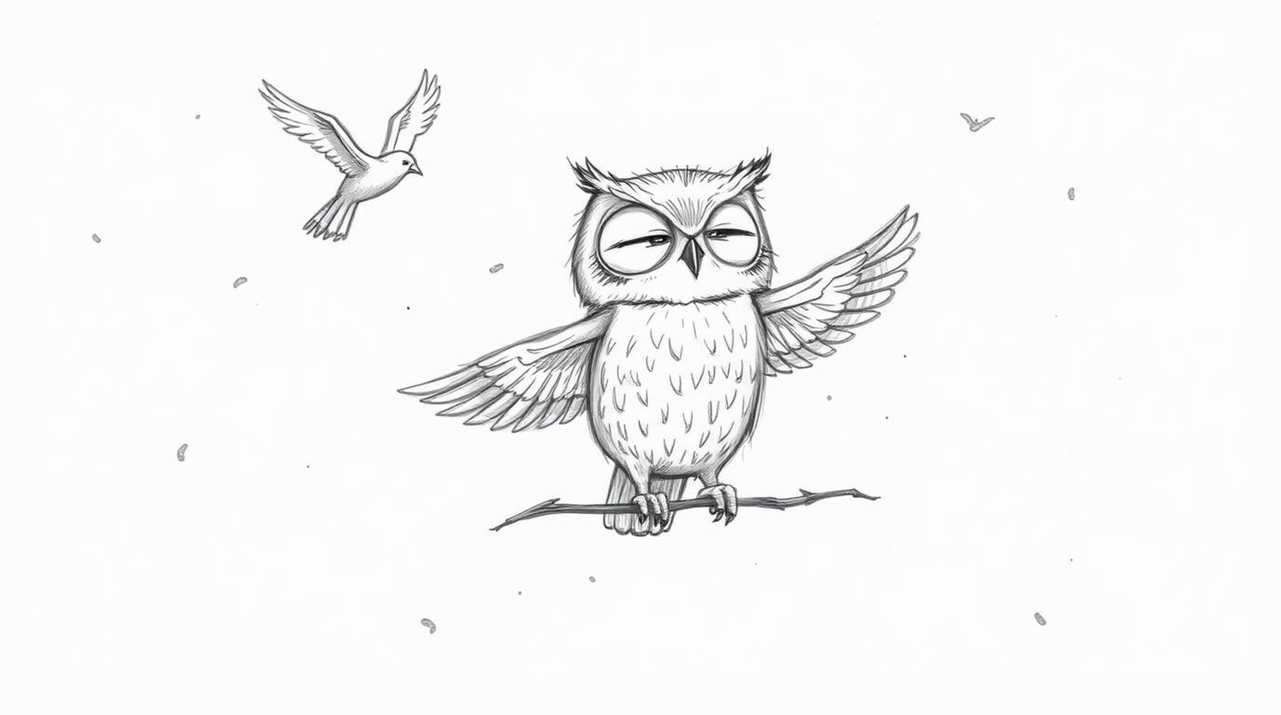 A whimsical, Pixar-style illustration of a blind owl teaching birds to fly.  The hand-drawn sketch, with its textured pencil 