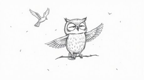 A whimsical, Pixar-style illustration of a blind owl teaching birds to fly.  The hand-drawn sketch, with its textured pencil 