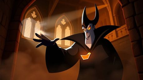 A captivating image of a stylized Disney villain with dark skin, casting a spell within an old castle.  The scene features wa
