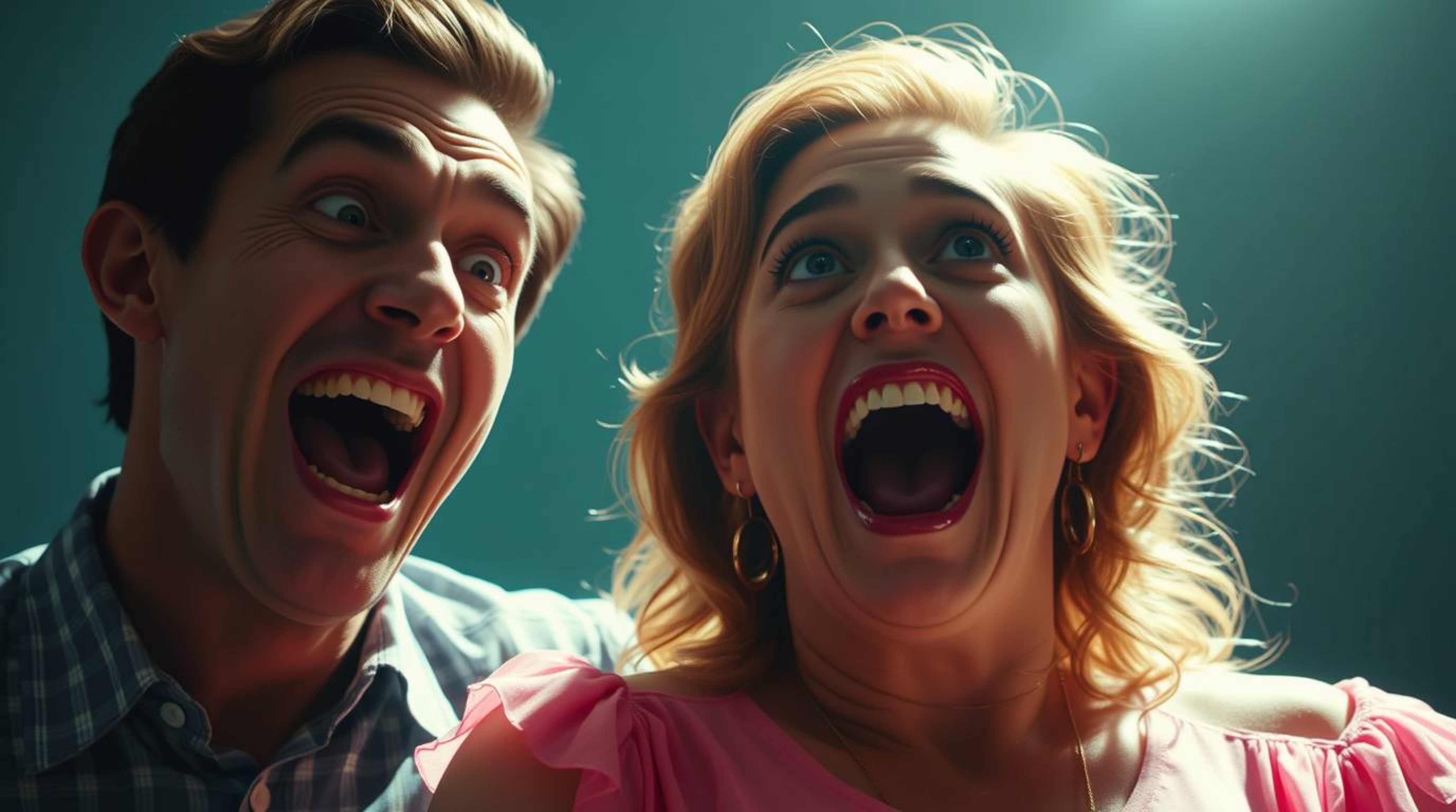 Experience a unique blend of refined gross-out comedy, highlighted by exaggerated facial expressions and a bright lens flare 