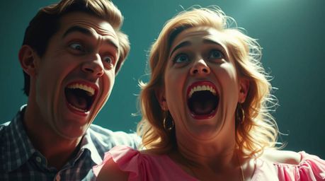 Experience a unique blend of refined gross-out comedy, highlighted by exaggerated facial expressions and a bright lens flare 