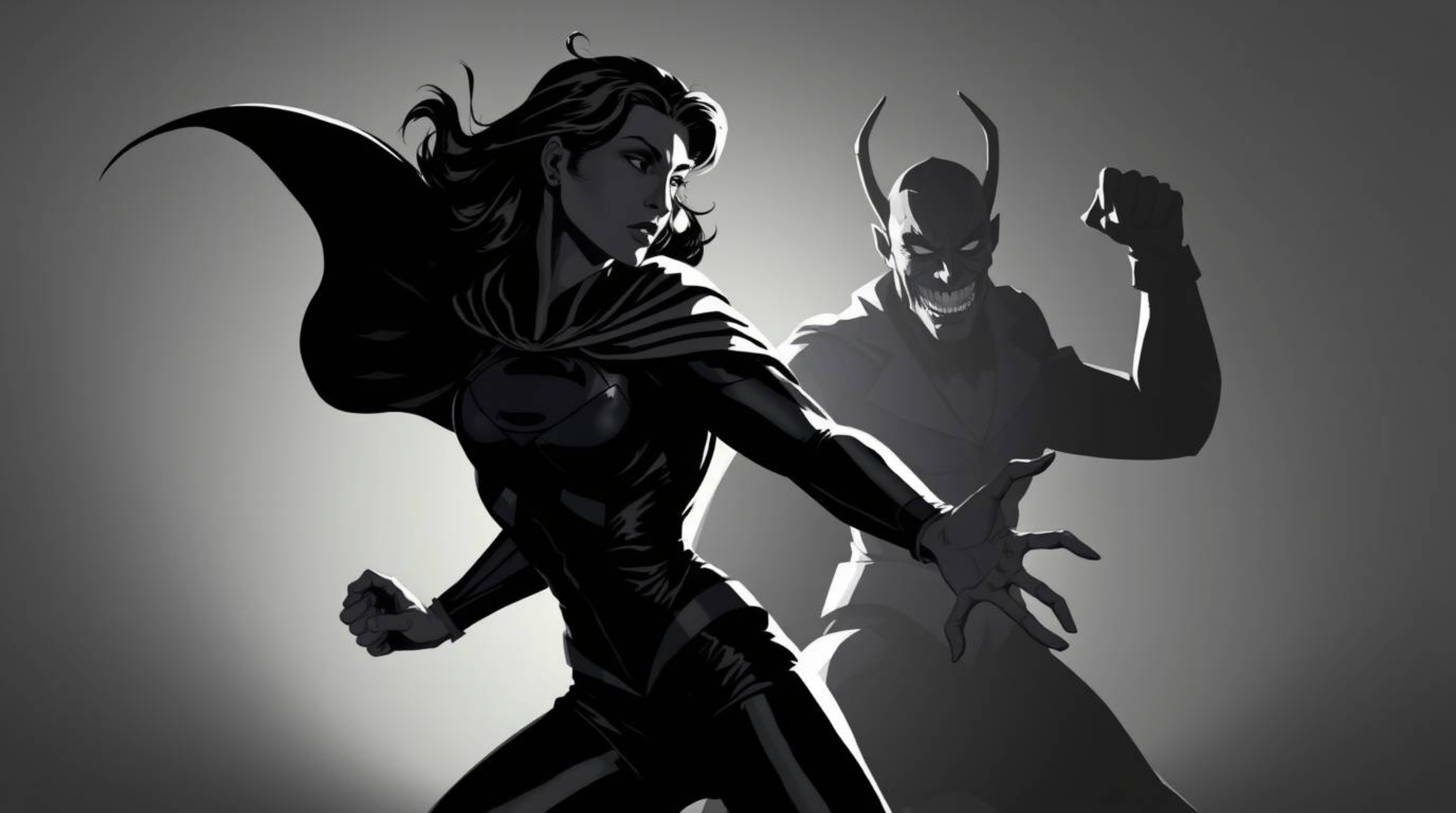 A dramatic chiaroscuro lighting illustration depicts a graceful and elegant superhero, cape flowing, engaged in a humorous ba