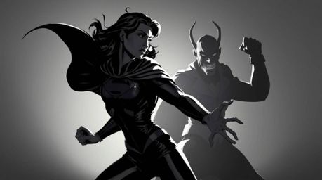 A dramatic chiaroscuro lighting illustration depicts a graceful and elegant superhero, cape flowing, engaged in a humorous ba