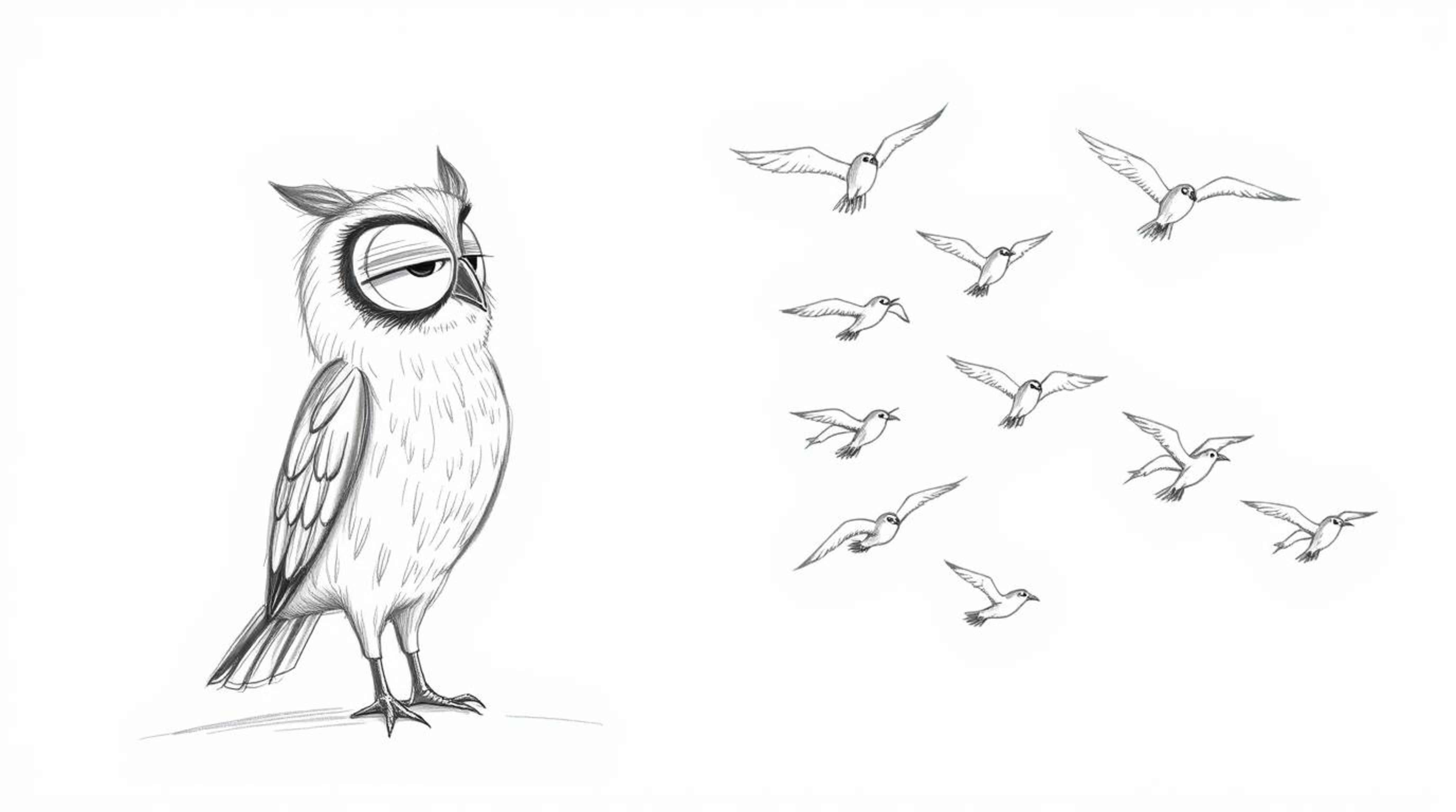 A charming, Pixar-style hand-drawn sketch depicts a blind owl with textured pencil strokes passionately instructing a flock o