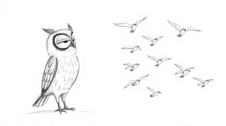 A charming, Pixar-style hand-drawn sketch depicts a blind owl with textured pencil strokes passionately instructing a flock o