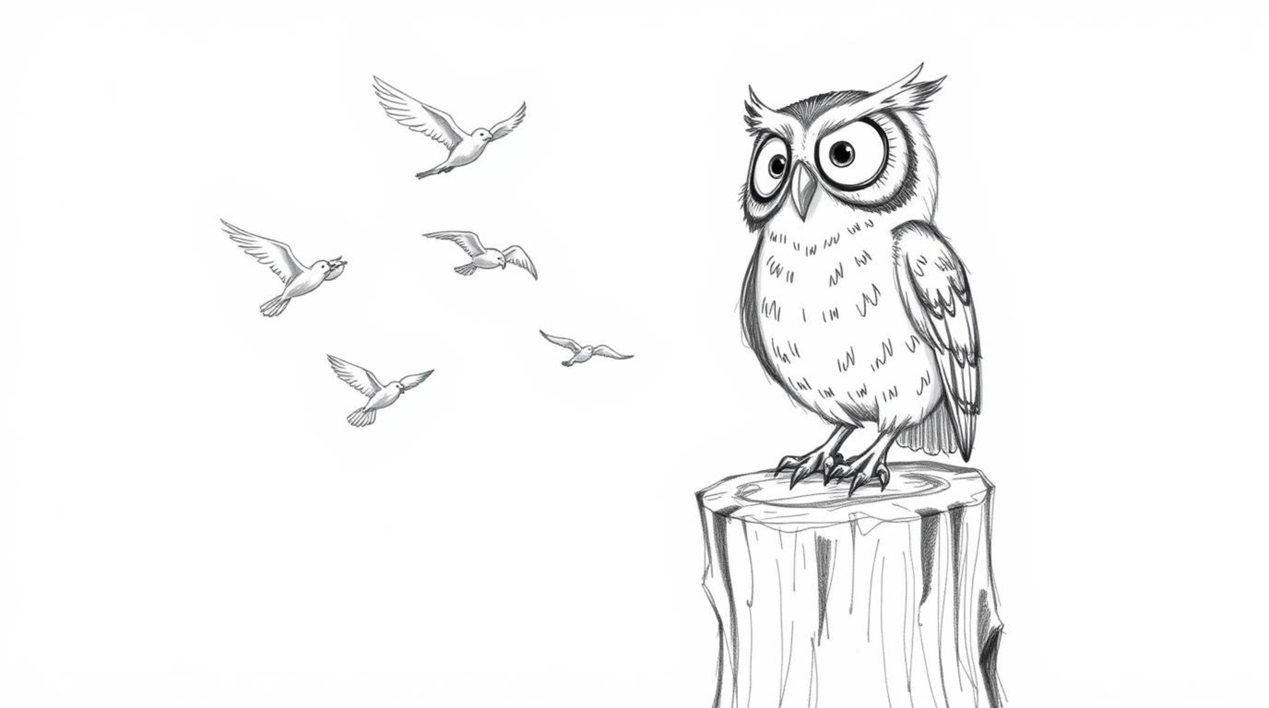A heartwarming hand-drawn sketch reminiscent of Pixar's style depicts a blind owl with remarkably expressive eyes, perched at