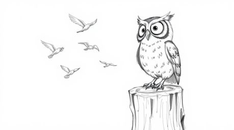 A heartwarming hand-drawn sketch reminiscent of Pixar's style depicts a blind owl with remarkably expressive eyes, perched at