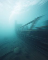 Explore the depths with this dynamic underwater photograph showcasing a motion-blurred shipwreck. Soft light illuminates the 