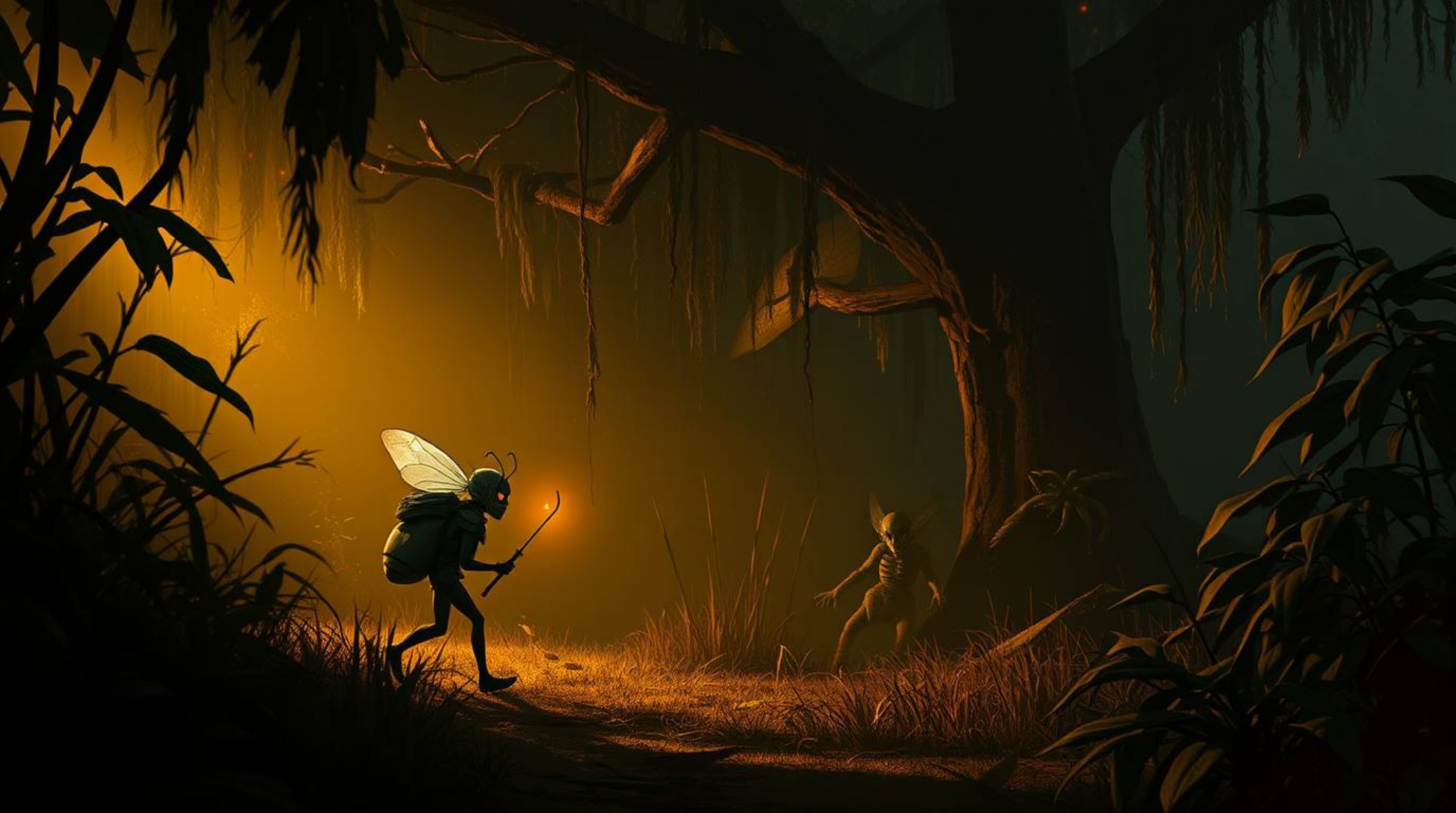 Immerse yourself in a digital painting depicting a bug-sized hero navigating a backyard jungle during the warm glow of the go