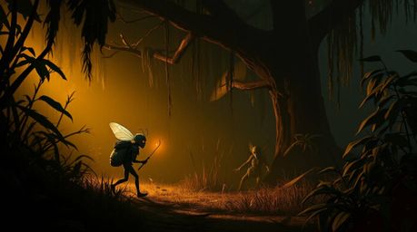 Immerse yourself in a digital painting depicting a bug-sized hero navigating a backyard jungle during the warm glow of the go
