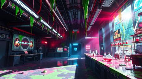 Explore a captivating scene of a slime-covered science lab bathed in bright lens flare lighting, showcasing vibrant colors an