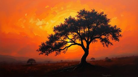 A captivating classic oil painting depicts a lone tree silhouetted against a vibrant, fiery sunset.  Rich textures and visibl