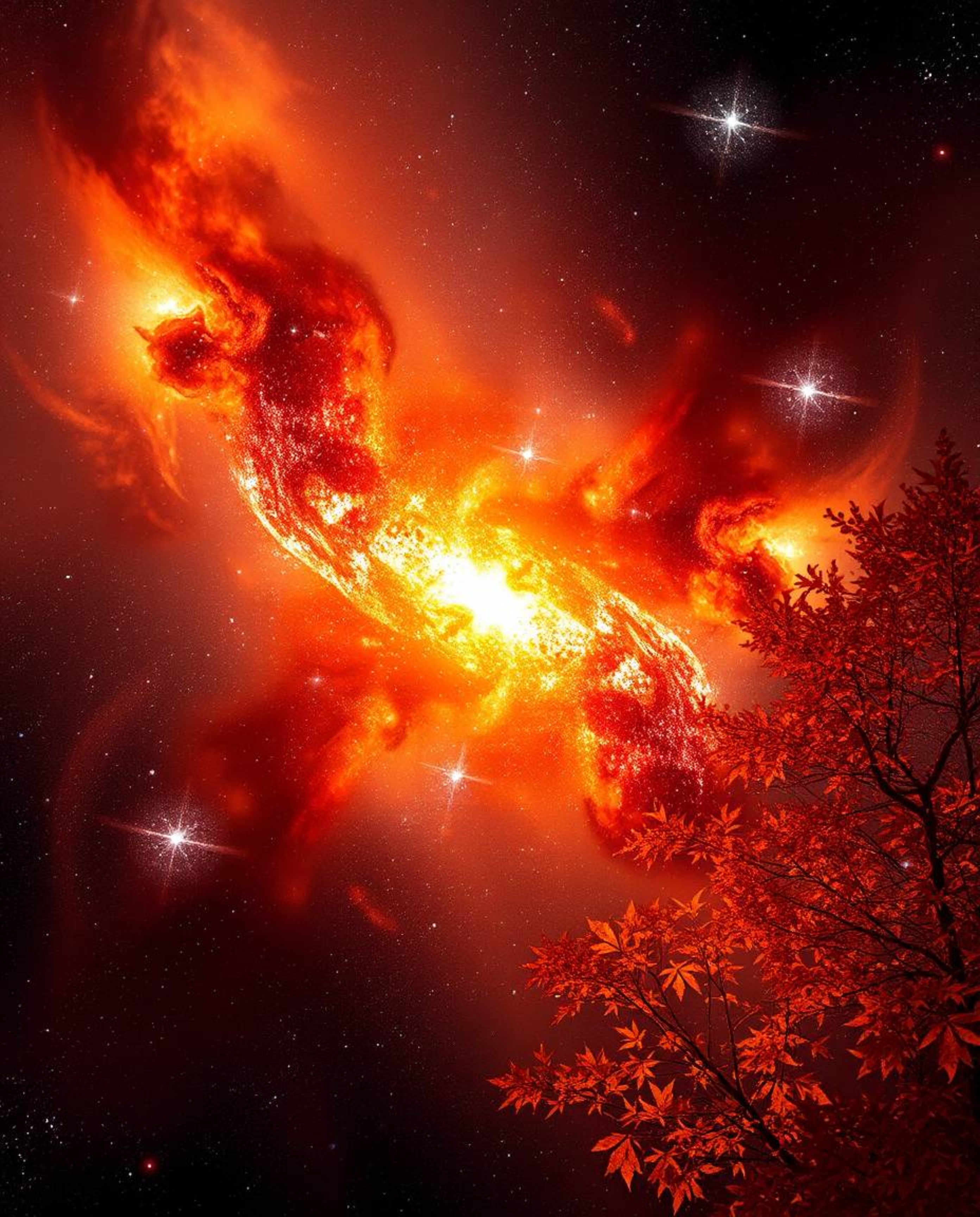 A captivating high-resolution stock photo depicts colliding galaxies in a vibrant cosmic explosion.  Warm autumnal tones comp