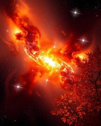A captivating high-resolution stock photo depicts colliding galaxies in a vibrant cosmic explosion.  Warm autumnal tones comp