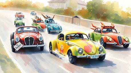 Experience a whimsical and vibrant racing scene brought to life through delicate watercolor painting. Outlandish cars compete