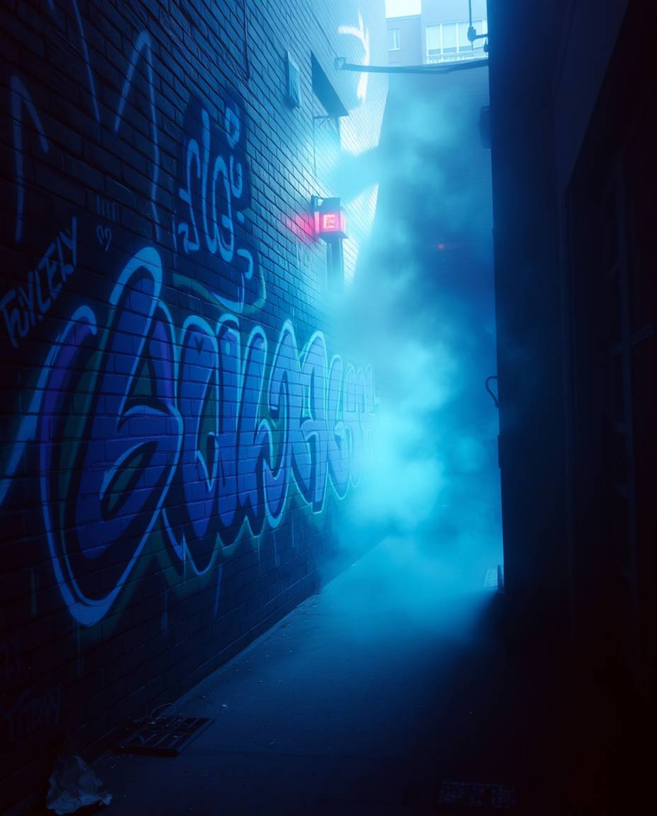 Explore a mystical street art scene featuring cool blues, greens, and purples in a vibrant graffiti style on a textured brick