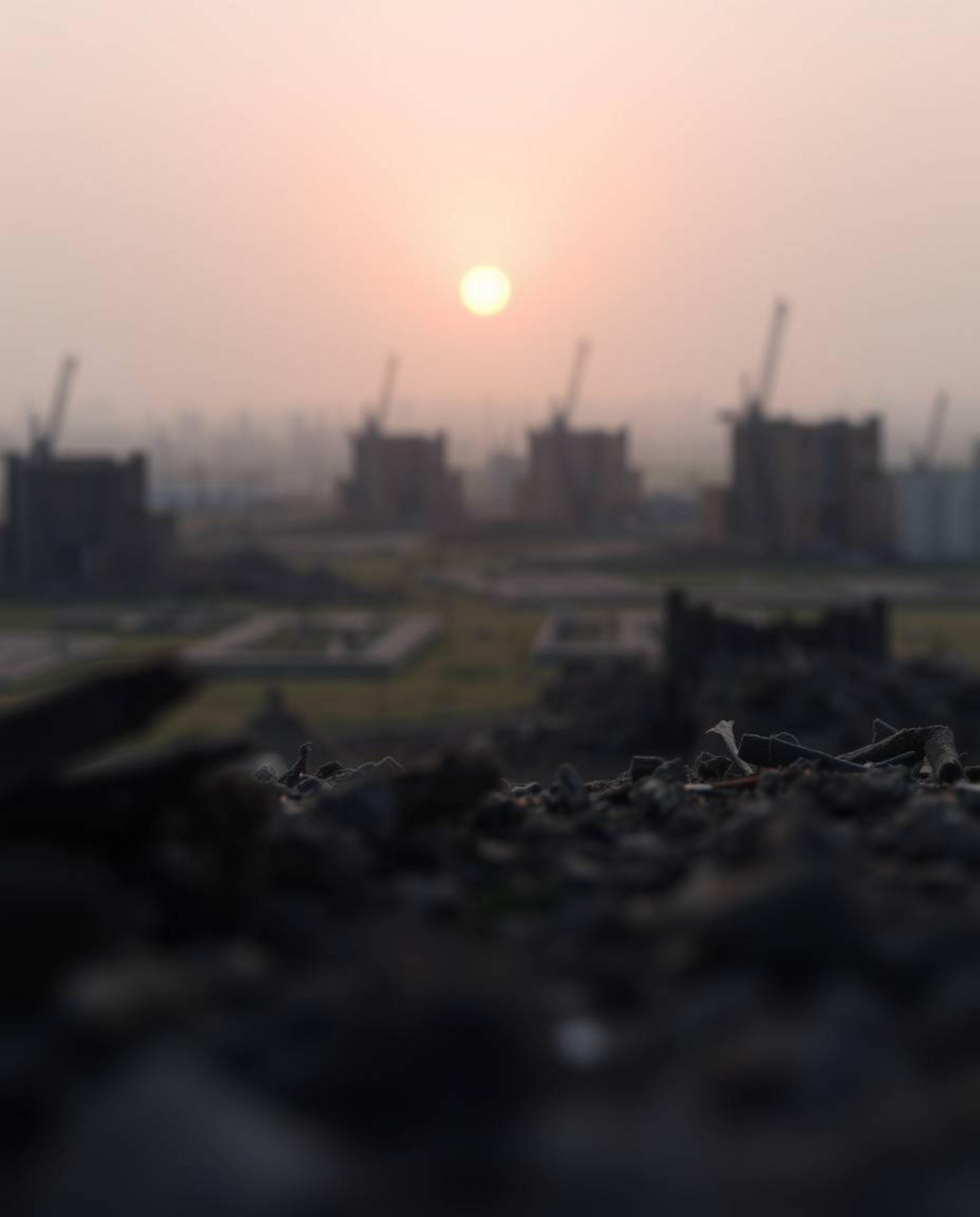 Experience the poignant beauty of a sunrise over a war-torn landscape, captured in a cinematic close-up macro shot. The image