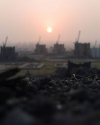 Experience the poignant beauty of a sunrise over a war-torn landscape, captured in a cinematic close-up macro shot. The image