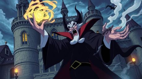 Experience a captivating isekai anime rendition of a classic Disney villain unleashing a powerful spell within the ancient wa