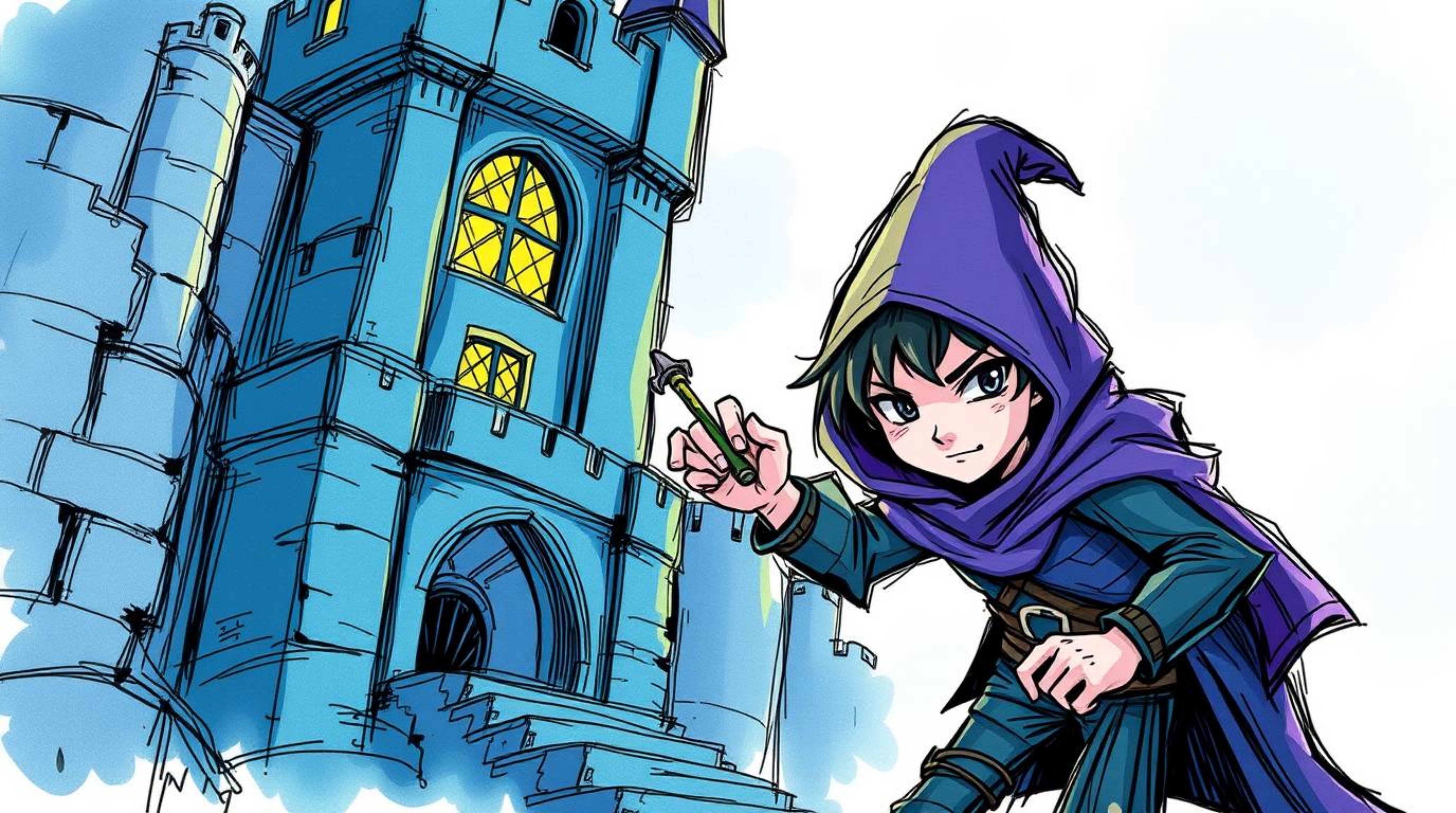 A charming thief depicted in a hand-drawn sketch with a cool palette of blues, greens, and purples is attempting to sneak int