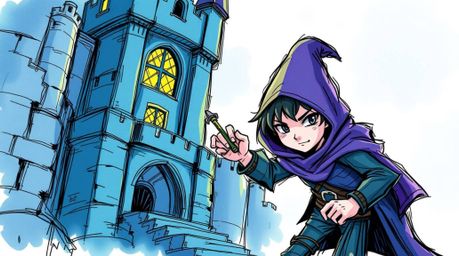 A charming thief depicted in a hand-drawn sketch with a cool palette of blues, greens, and purples is attempting to sneak int