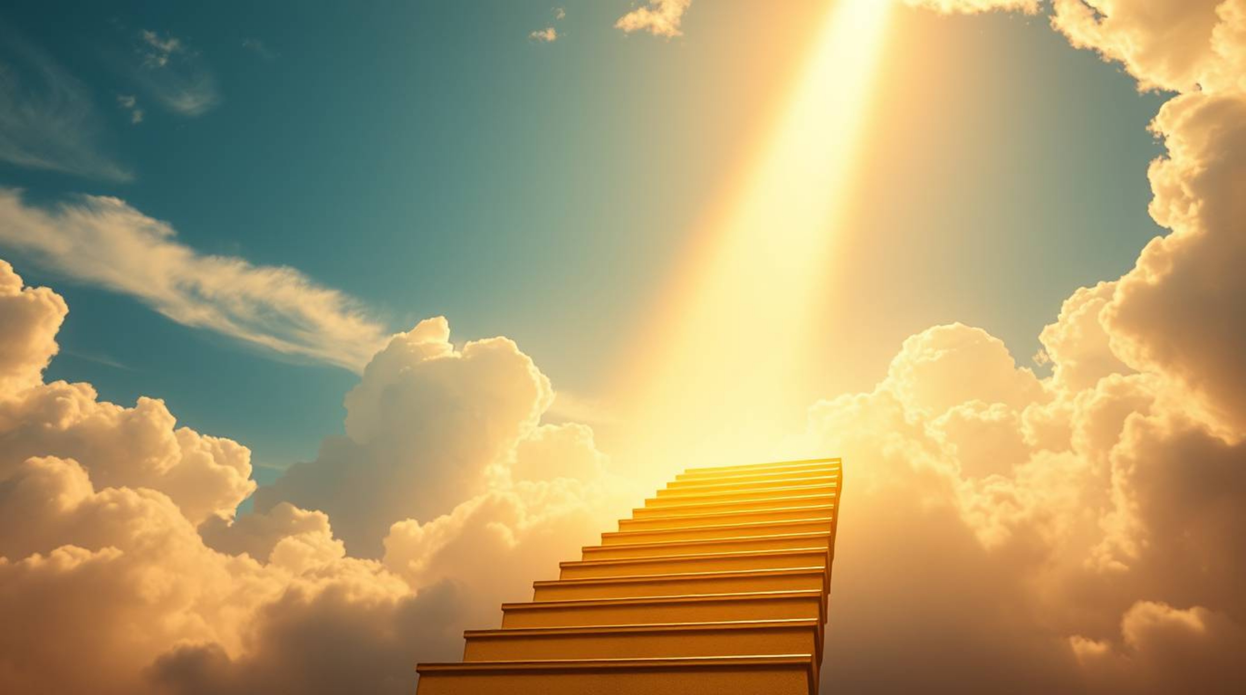 A captivating close-up shot showcasing a golden staircase ascending through billowing clouds towards a luminous heaven.  Bath