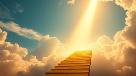 A captivating close-up shot showcasing a golden staircase ascending through billowing clouds towards a luminous heaven.  Bath
