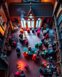 Experience the enchanting world of a magical school filled with young wizards from a unique bird's-eye perspective. This vibr