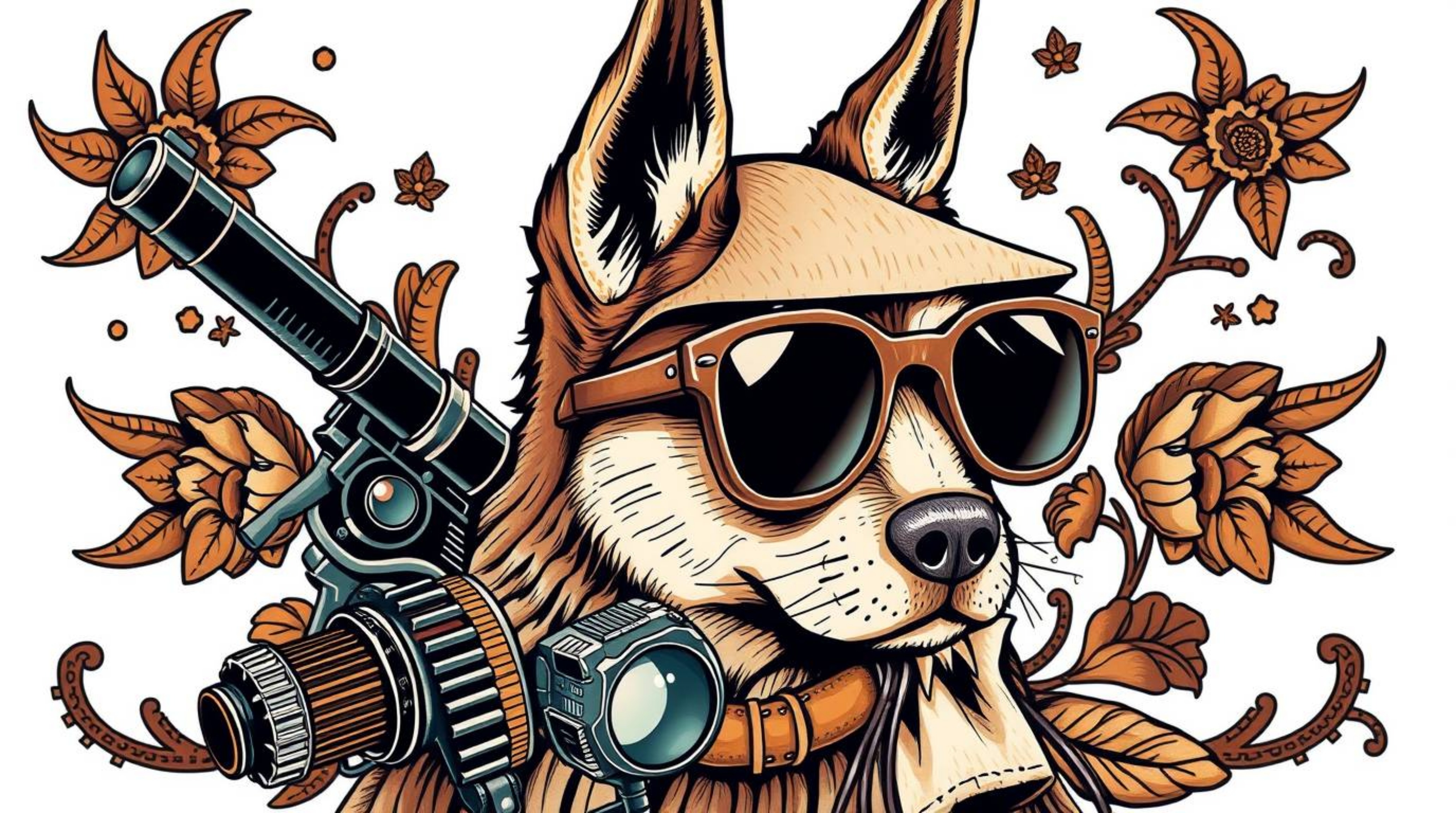 This striking image showcases a dog detective in a traditional tattoo style, equipped with high-tech gadgets. Rendered in nat