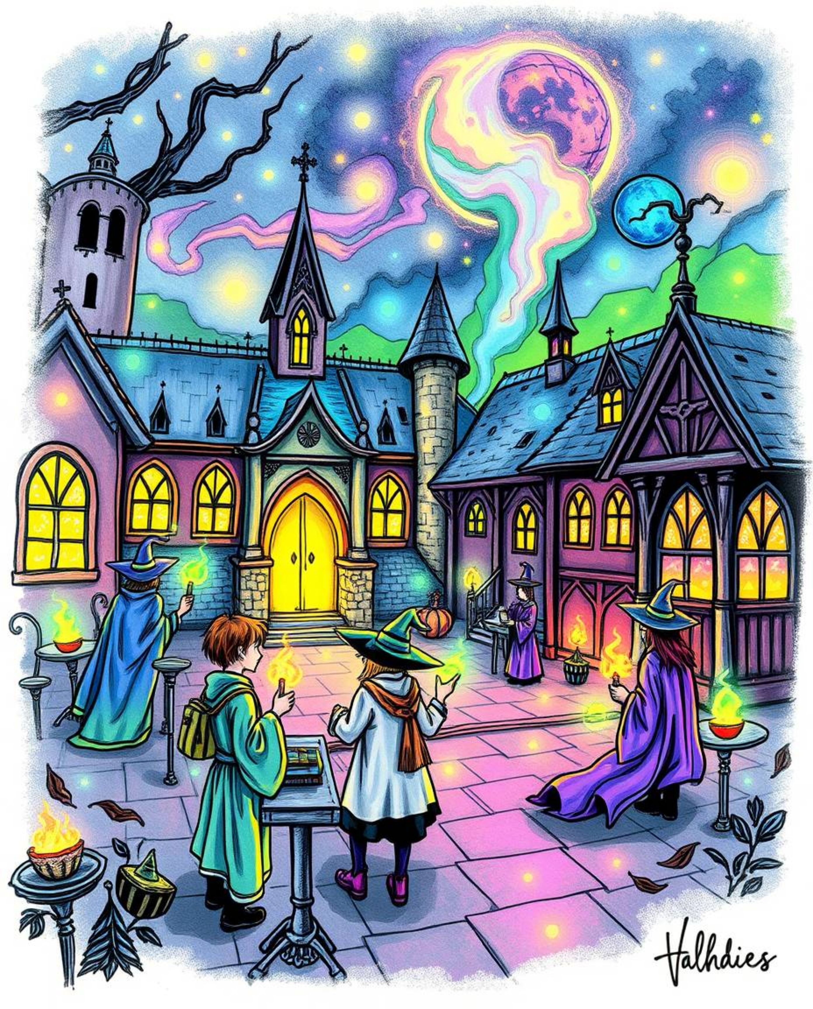 A captivating hand-drawn color sketchnote depicting a magical school filled with young wizards, rendered with glowing biolumi