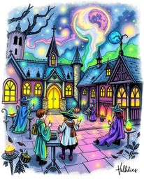 A captivating hand-drawn color sketchnote depicting a magical school filled with young wizards, rendered with glowing biolumi