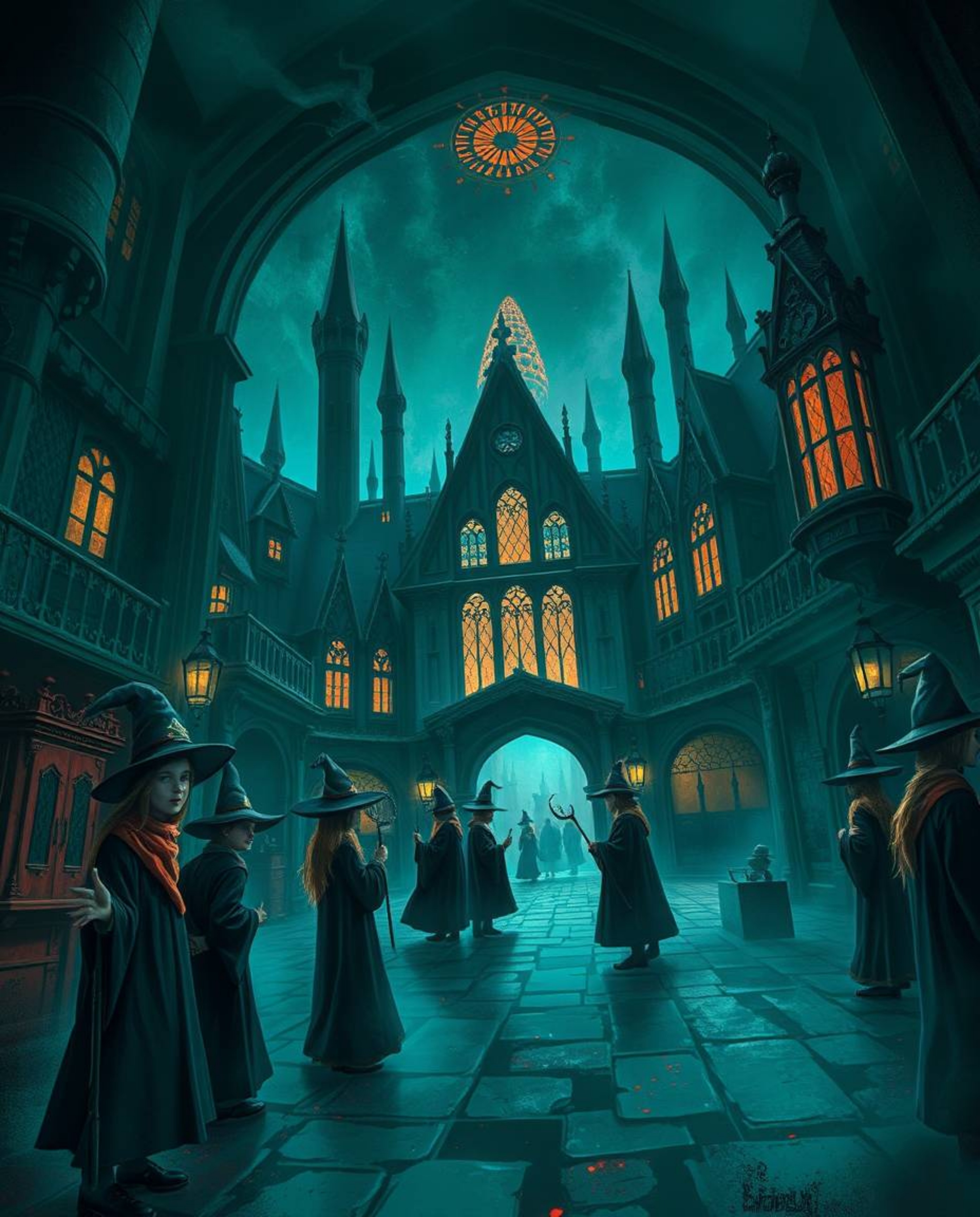 Discover a captivating digital painting of a magical school, rendered in rich deep teal tones and an eerie atmosphere.  Young