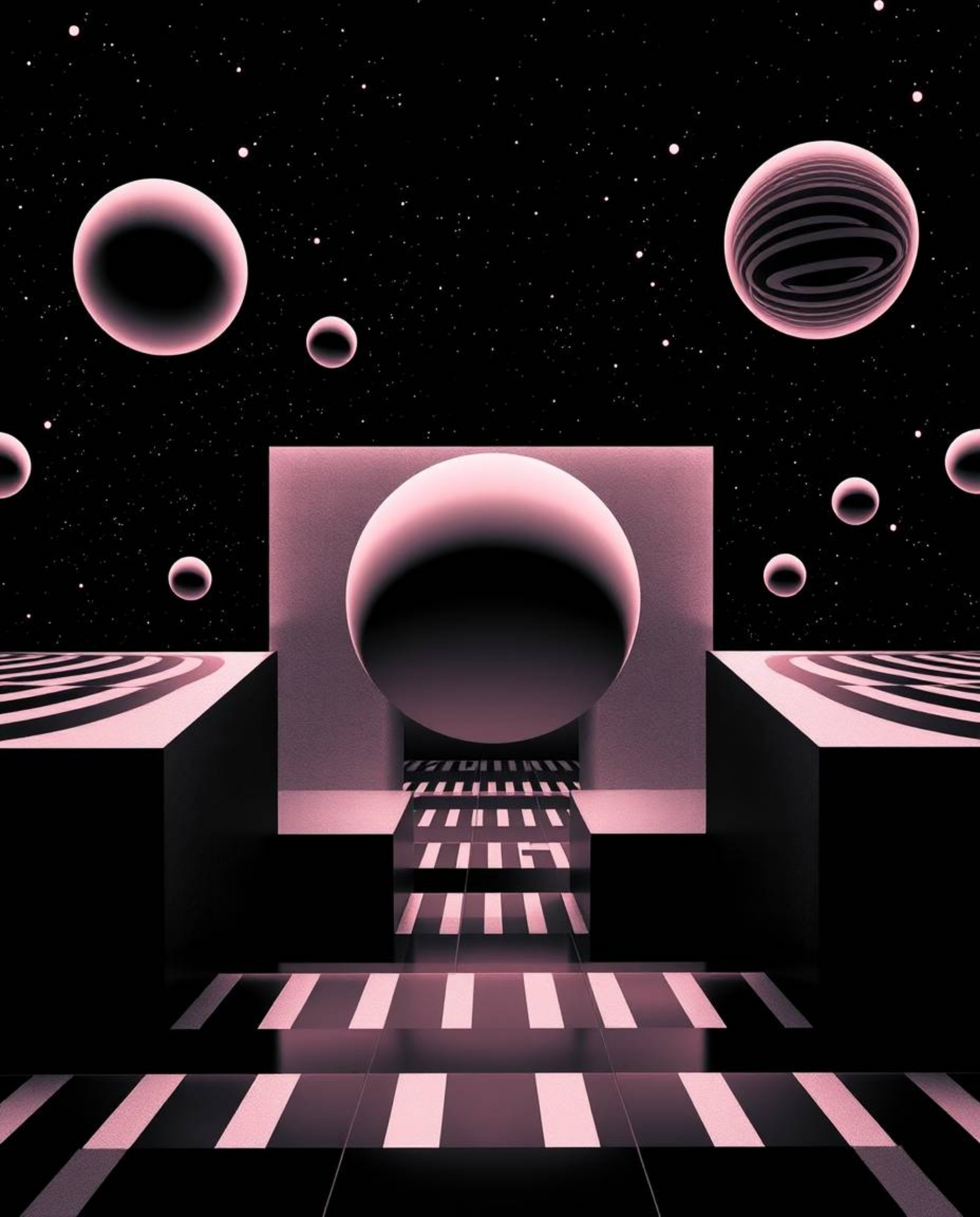 This artwork features a modern flat design with a surreal, otherworldly appearance achieved through infrared tones and a blac
