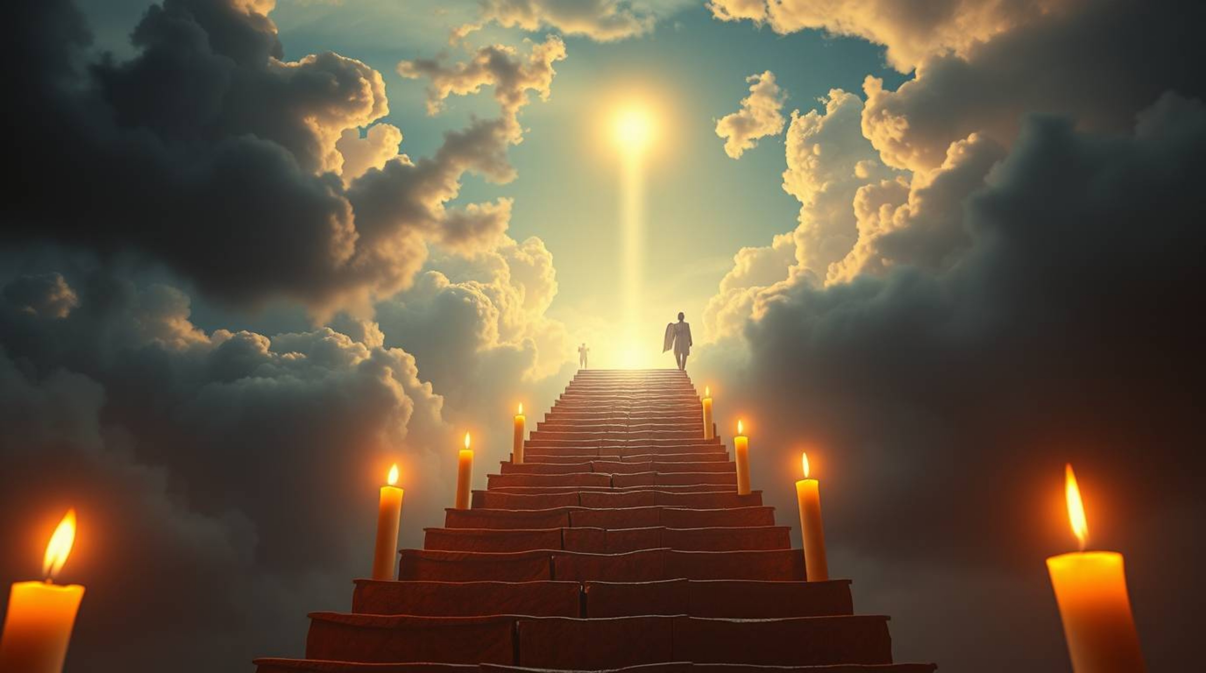 A dreamlike and peaceful scene unfolds, illuminated by the warm glow of candlelight. Light steps ascend into a cloudy sky, wh