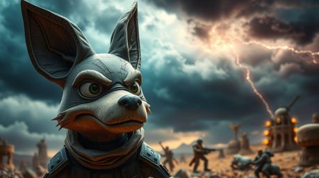Discover a stunning piece of digital art depicting a sarcastic animal sidekick crafted from layered papier-mâché.  Expressive