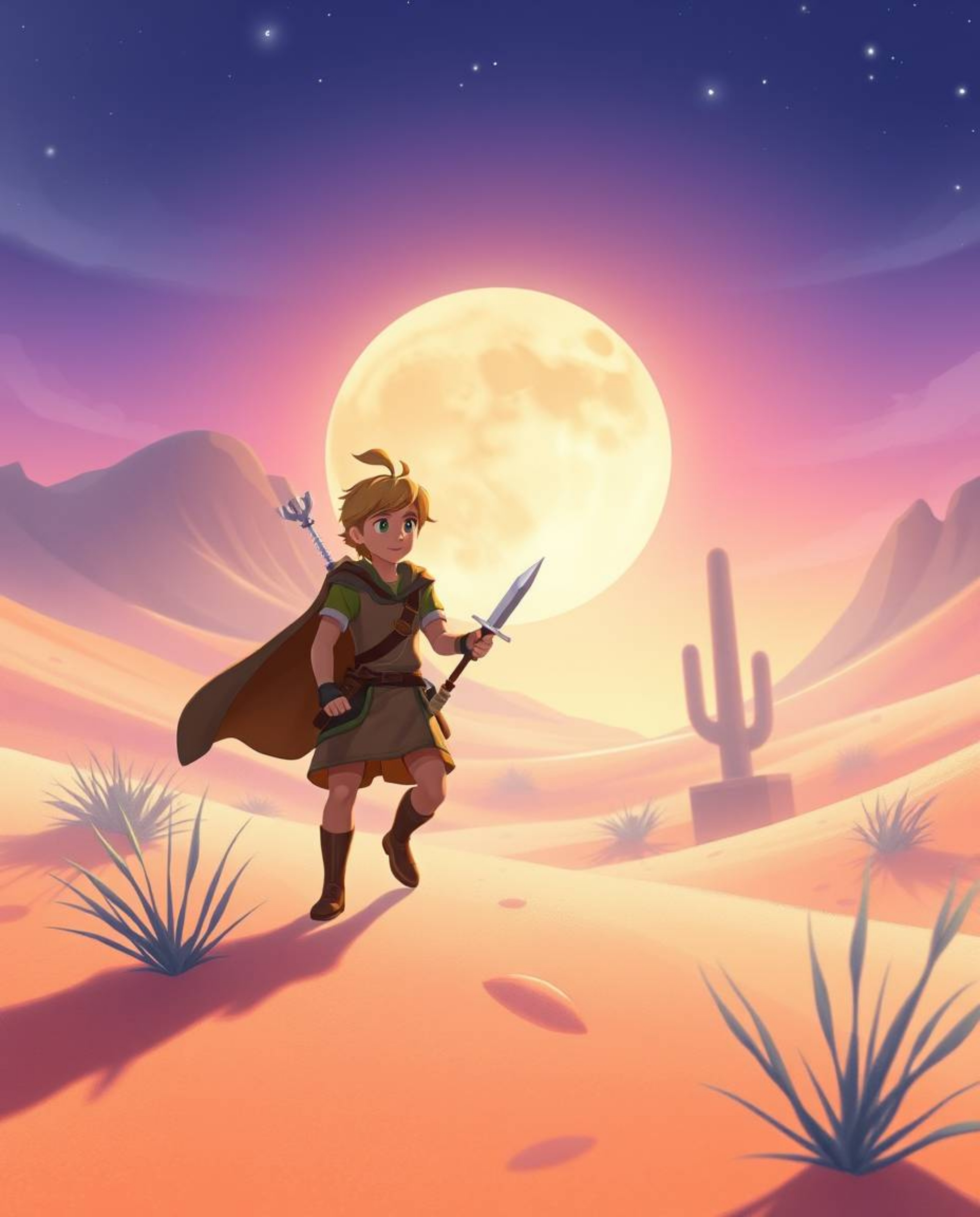 Embark on a magical desert adventure with a brave hero, rendered in soft pastel colors. This Disney-style scene evokes a gent